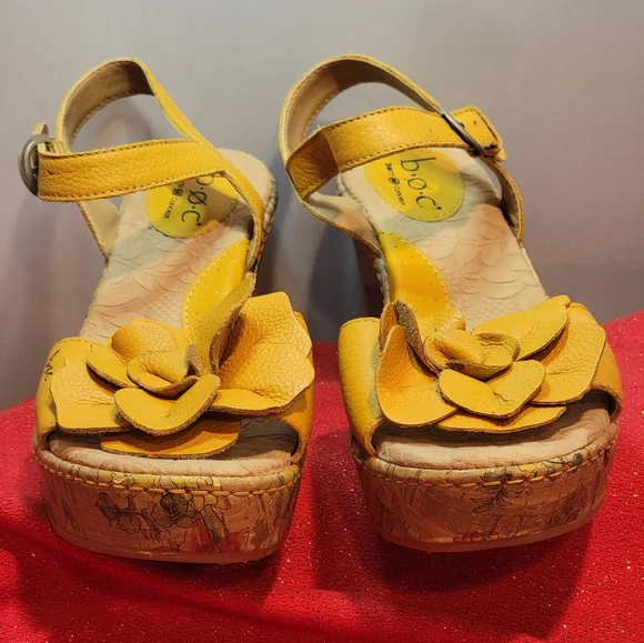 Boc Born 7 Concept Leather Yellow Slingback Floral Cork Wedge Flower Sandal - Picture 4 of 11